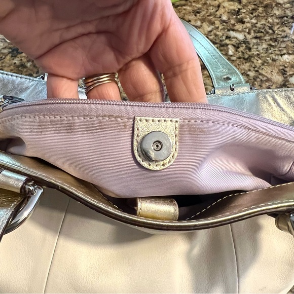 Coach cream and metallic gold lovely leather shoulder bag with lavender … - Picture 17 of 17